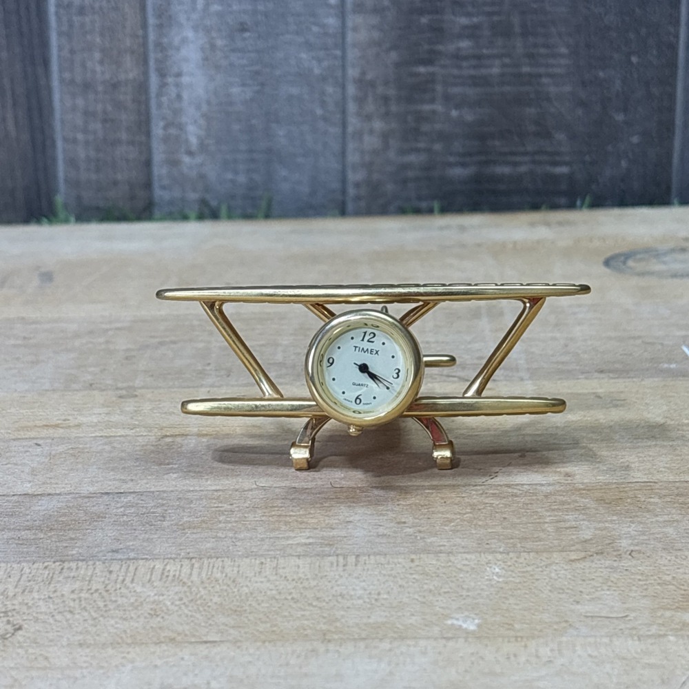 Vintage Timex Quartz Brass Biplane Desk Clock Airplane Figurine Japan Parts